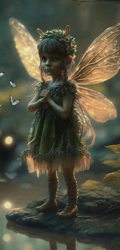 Enchanting fairy in a mystical forest with golden wings glowing.