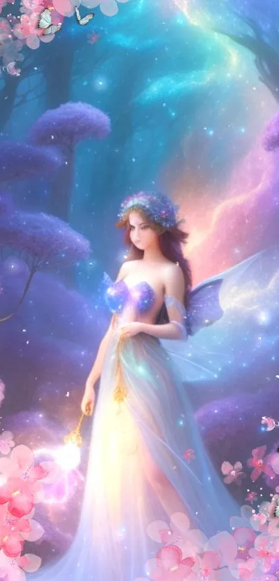 Enchanted fairy standing in a magical forest with glowing colors and flowers.