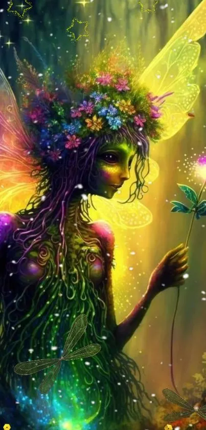 Vibrant fairy in an enchanted forest holding a glowing flower.
