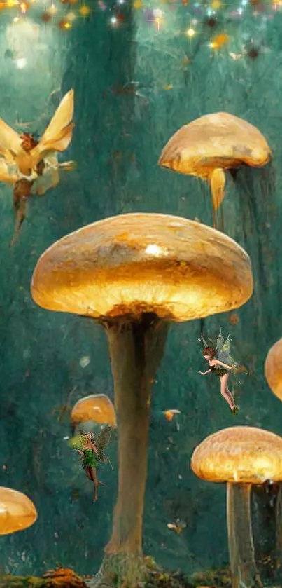 Enchanted forest wallpaper with glowing mushrooms and fairies.