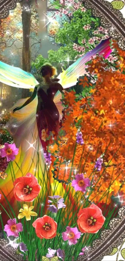 Enchanting fairy in an autumn forest with colorful flowers and glittering wings.