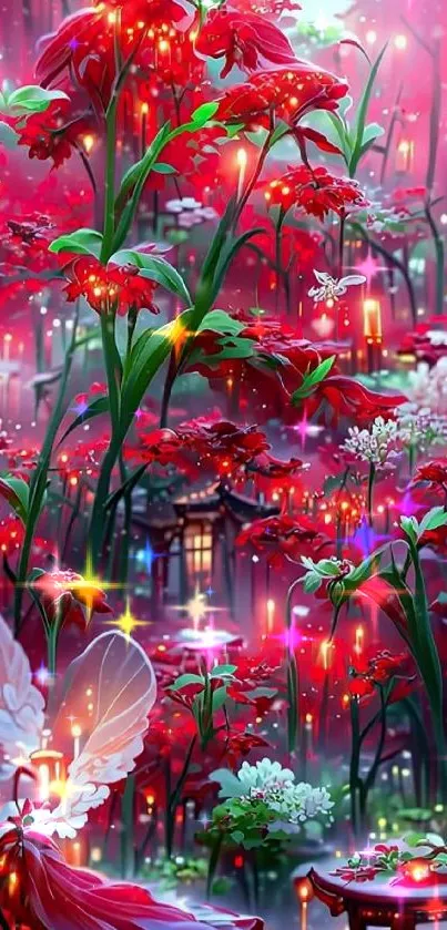 Enchanted fairy garden with vibrant red flowers and a delicate fairy figure.