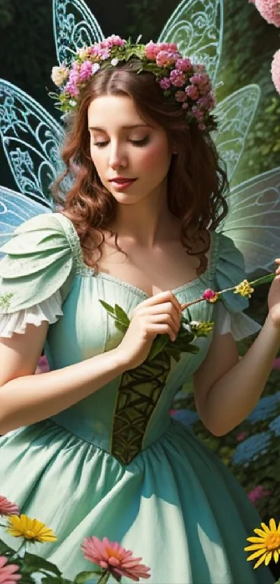 Fairy in a garden wearing a mint dress and flower crown.