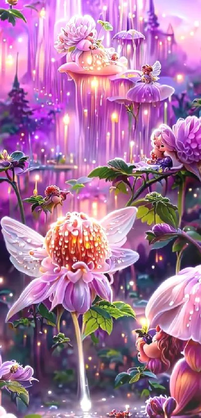 Enchanted fairy garden with vibrant purple flowers and magical fairies.