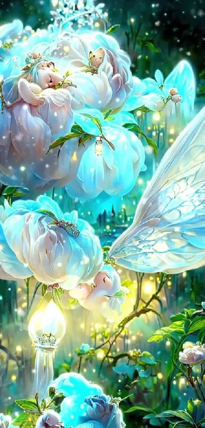 Enchanting fairy garden wallpaper with glowing flowers and magical scenery.