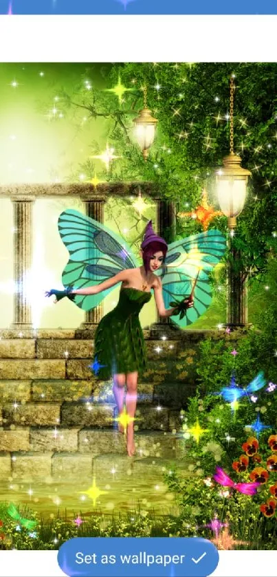 Fairy with wings in an enchanted garden setting