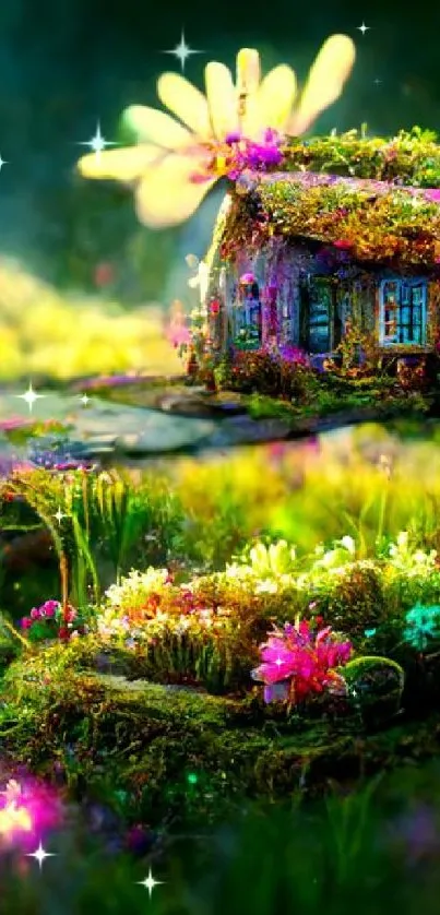 Whimsical fairy garden with glowing flowers and a quaint cottage.