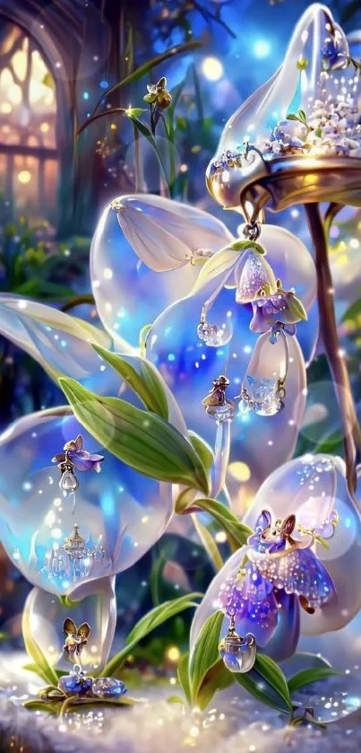 Magical fairy garden with glowing flowers.