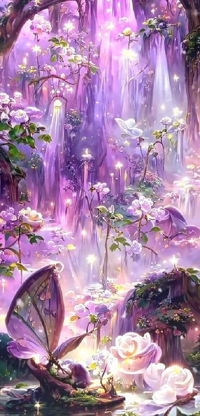 Purple enchanted garden with waterfall and fairies.