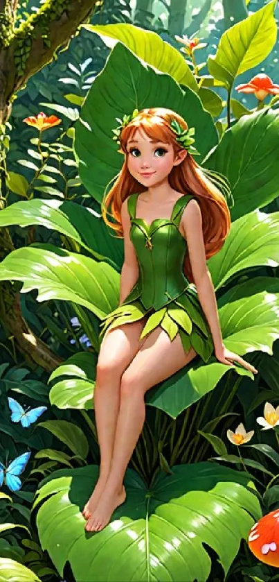 Fairy sitting on a leaf in an enchanted garden with vibrant plants and flowers.