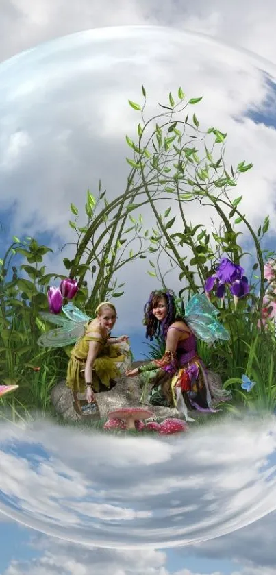 Whimsical fairies in a garden bubble with a sky background.