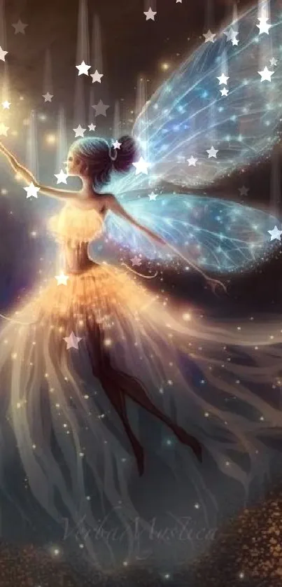 A glowing fairy illuminates a dark, starry night sky with magical light.