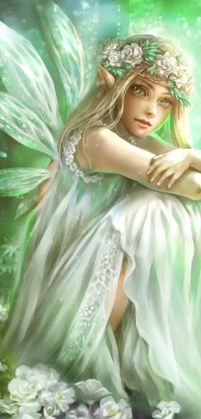 Enchanted fairy in a green forest with delicate wings and a floral crown.