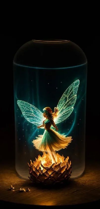 Magical fairy glowing in a glass bottle on dark background.