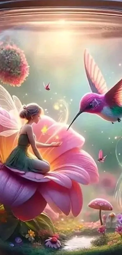 Fairy sitting on flower with hummingbird in a mystical jar setting.