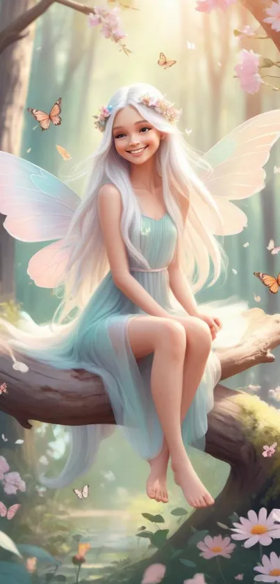 Fantasy forest wallpaper with a fairy and butterflies.