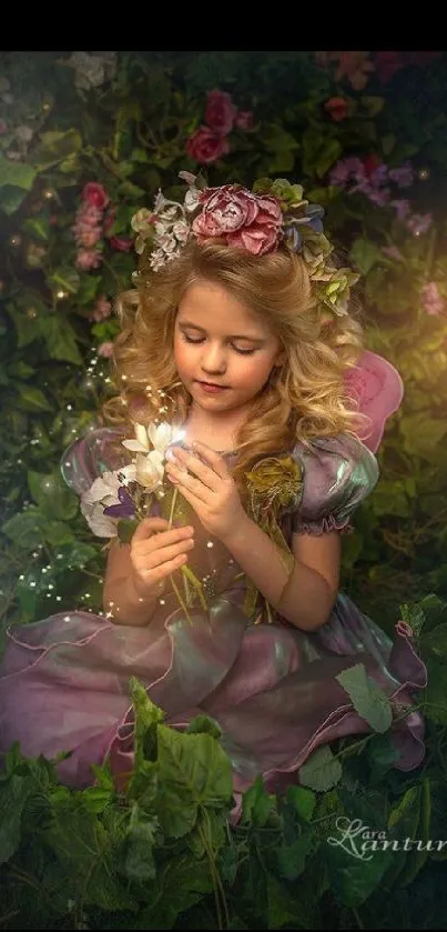 An enchanting fairy sits in a lush garden under soft light.