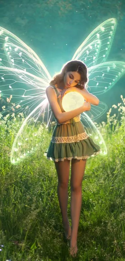 Glowing fairy with wings in moonlit meadow, enchanting mobile wallpaper.