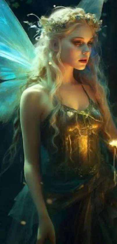 Enchanted fairy with blue wings in glowing forest.