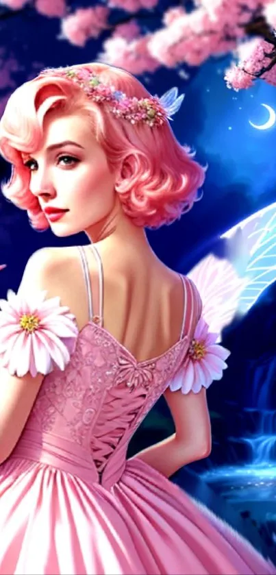 Pink fairy in moonlit fantasy setting with wings.