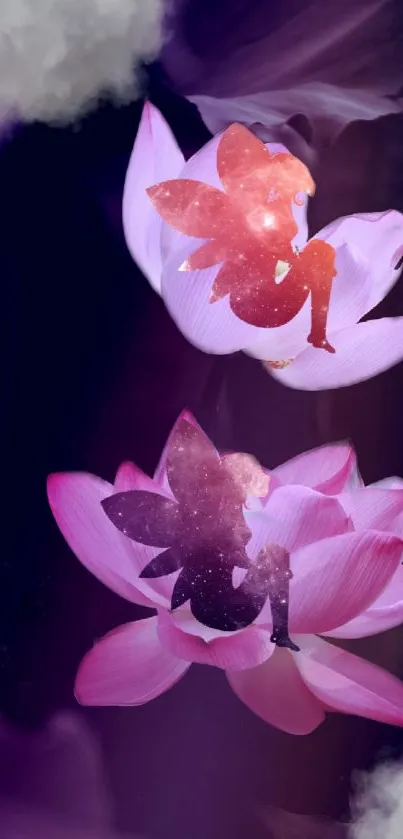 Fantasy wallpaper with fairies on lotus flowers and purple hues.