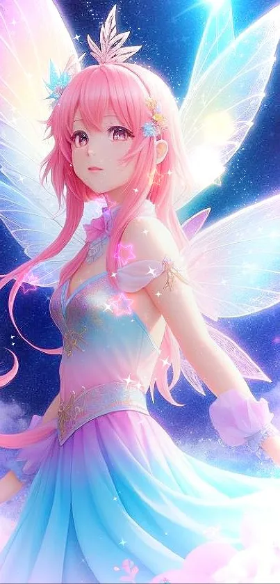 Enchanting fairy with iridescent wings and pink hair in a starry background.