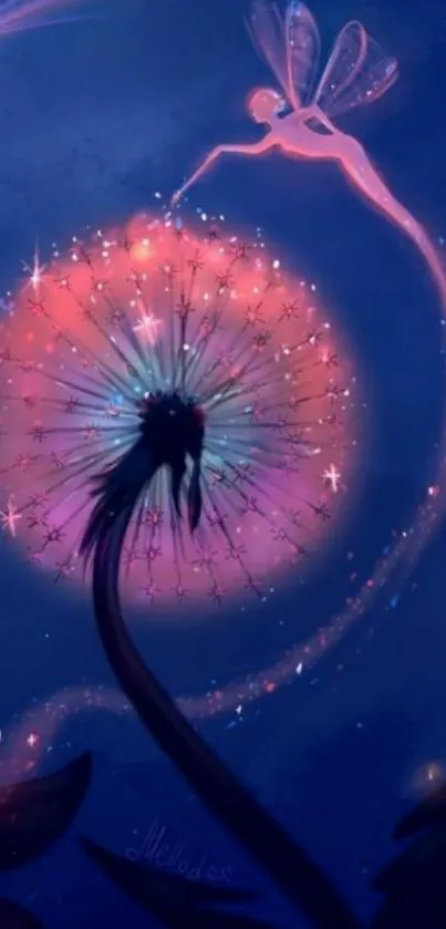 Fairy on glowing dandelion in a mystical night sky, vibrant and enchanting.