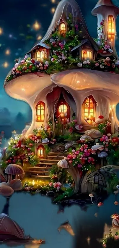 Enchanted mushroom house with lights and flowers in a fantasy setting.