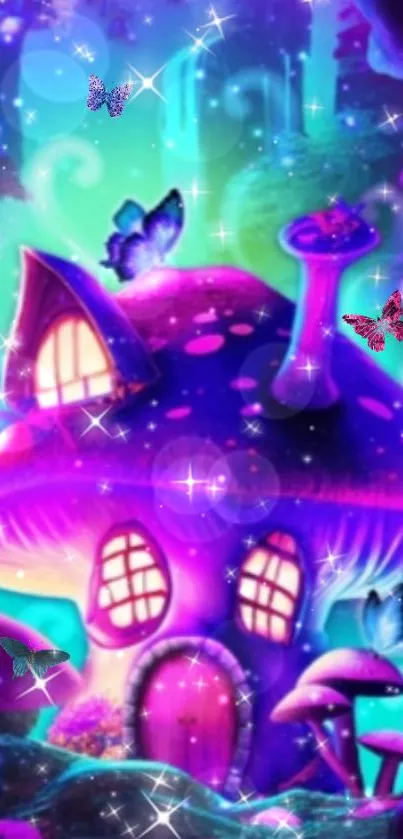 Magical mushroom house with butterflies and sparkles.