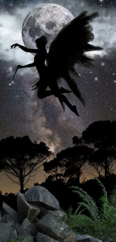 Silhouette of a fairy against a starry night sky with a full moon backdrop.