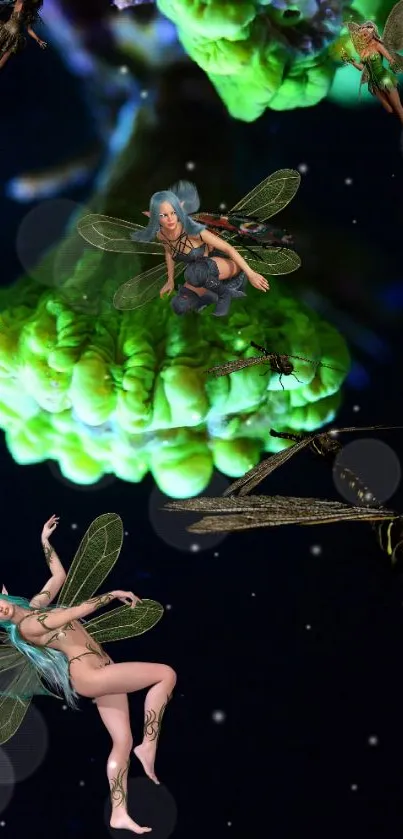 Whimsical fairies flying in a glowing green magical forest night scene.