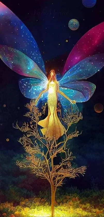 Enchanting fairy with colorful wings stands on a glowing tree under a starry sky.