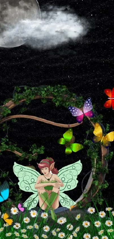 Fairy with butterflies under a moonlit sky, surrounded by flowers.