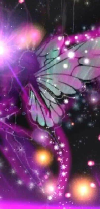 Mystical fairy with pink and purple wings amidst twinkling stars.