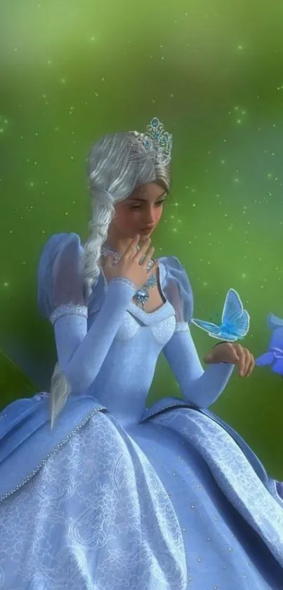 Fantasy princess in blue dress with butterfly in serene scenery.