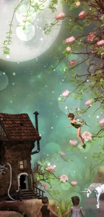 Enchanted landscape with fairies, a moonlit sky, and a whimsical tree house.