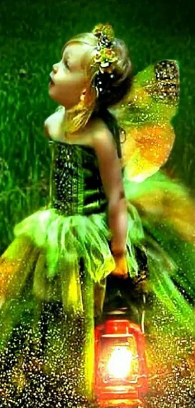 A young fairy in a glowing green dress holds a lantern in a dark forest.