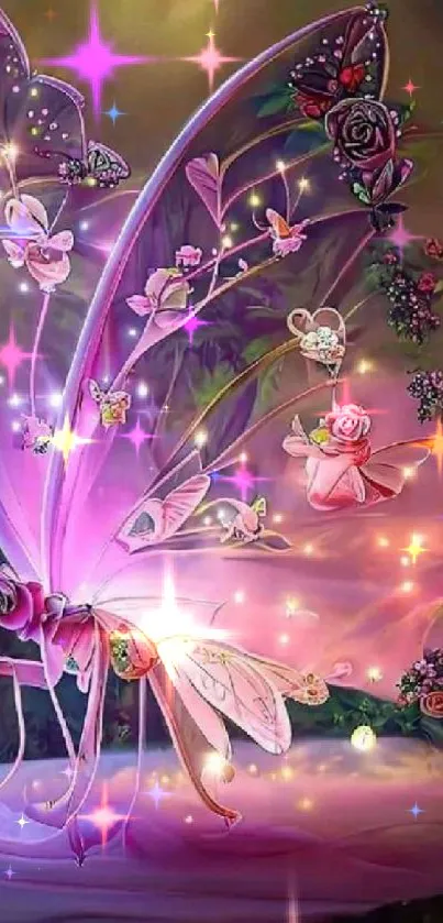 Enchanted fairy wings with glowing butterflies and roses in fantasy setting.