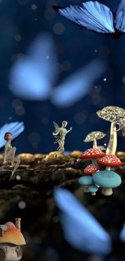 Fairyland fantasy wallpaper with butterflies and mushrooms.