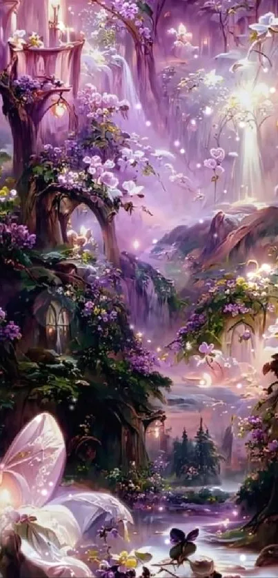 Enchanted fairyland with glowing flowers and candles in a fantasy landscape.