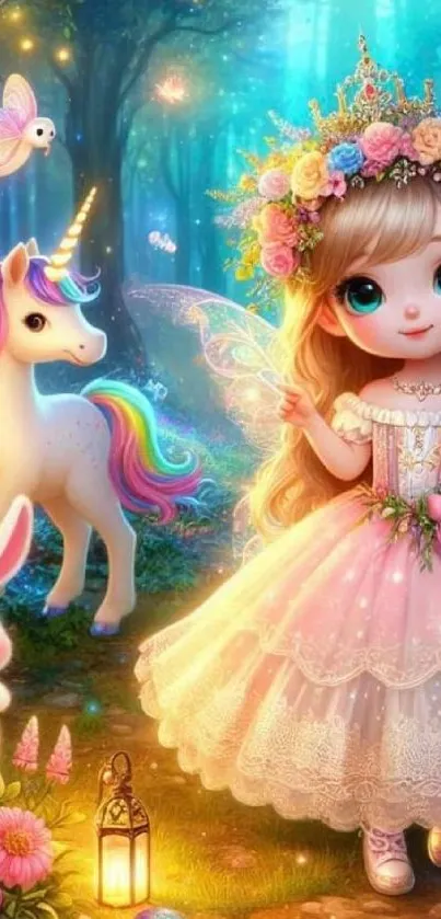 Fairy in enchanted forest with unicorns.
