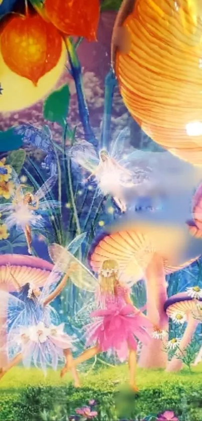 Enchanted scene with fairies and mushrooms in vibrant colors, ideal for phones.