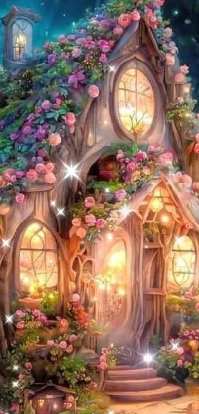 Whimsical cottage surrounded by flowers under a starry sky.