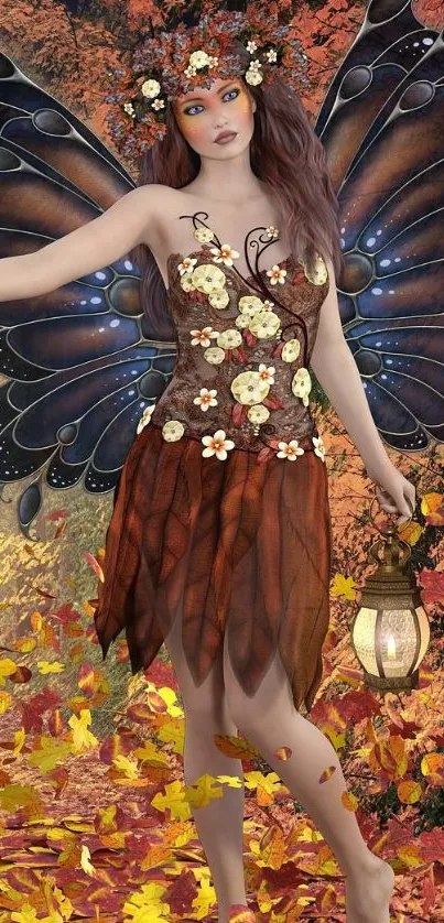 Autumn fairy with butterfly wings in a colorful fall forest.