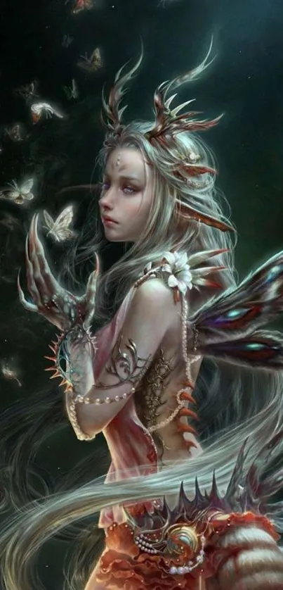 Ethereal figure with butterflies in fantasy artwork.