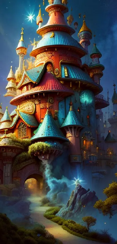 Enchanting fantasy castle under a starry night sky, featuring vibrant colors and mystical scenery.