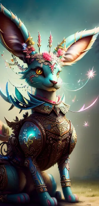 Fantasy creature in turquoise armor with a floral crown in a mystical forest setting.