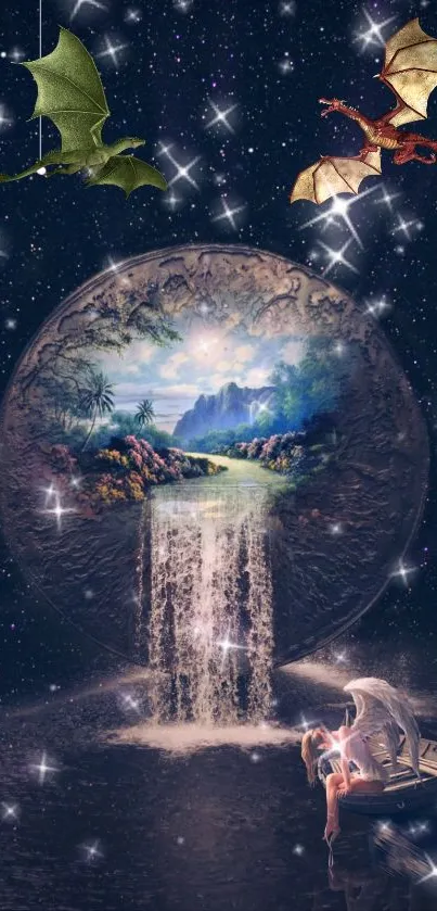 Fantasy wallpaper with dragons, stars, and a waterfall.