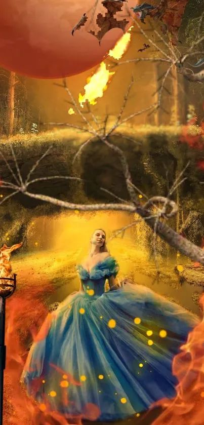 Fantasy woman in blue gown amid fiery scene.