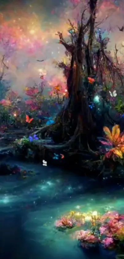 Enchanted forest with vibrant colors and butterflies.